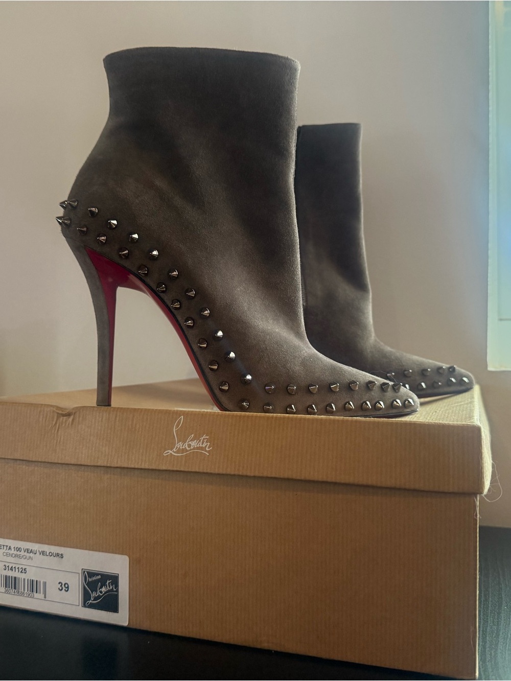 Christian Louboutin Gray Suede Studded Ankle Boots with Red Sole - Picture 2 of 11